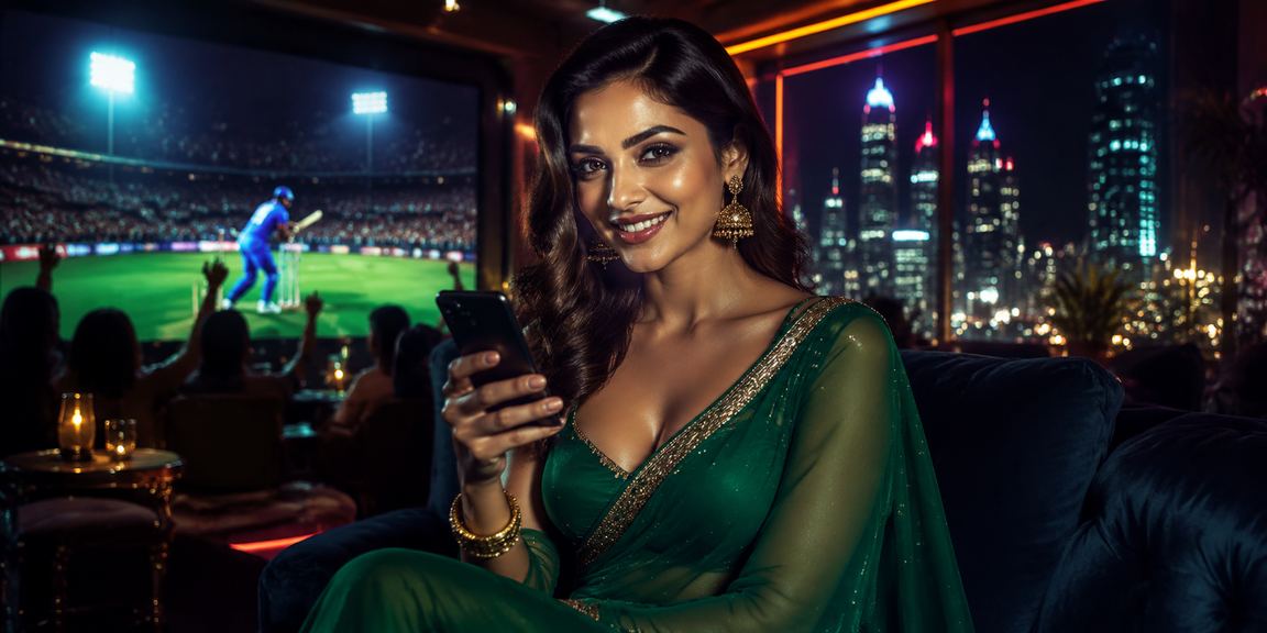 Indian woman dressed in saree enjoying cricket betting on smartphone